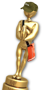 Picture of an Oakland Indie Award, resembling an Oscar wearing a cap that says 510 and a shoulder bag